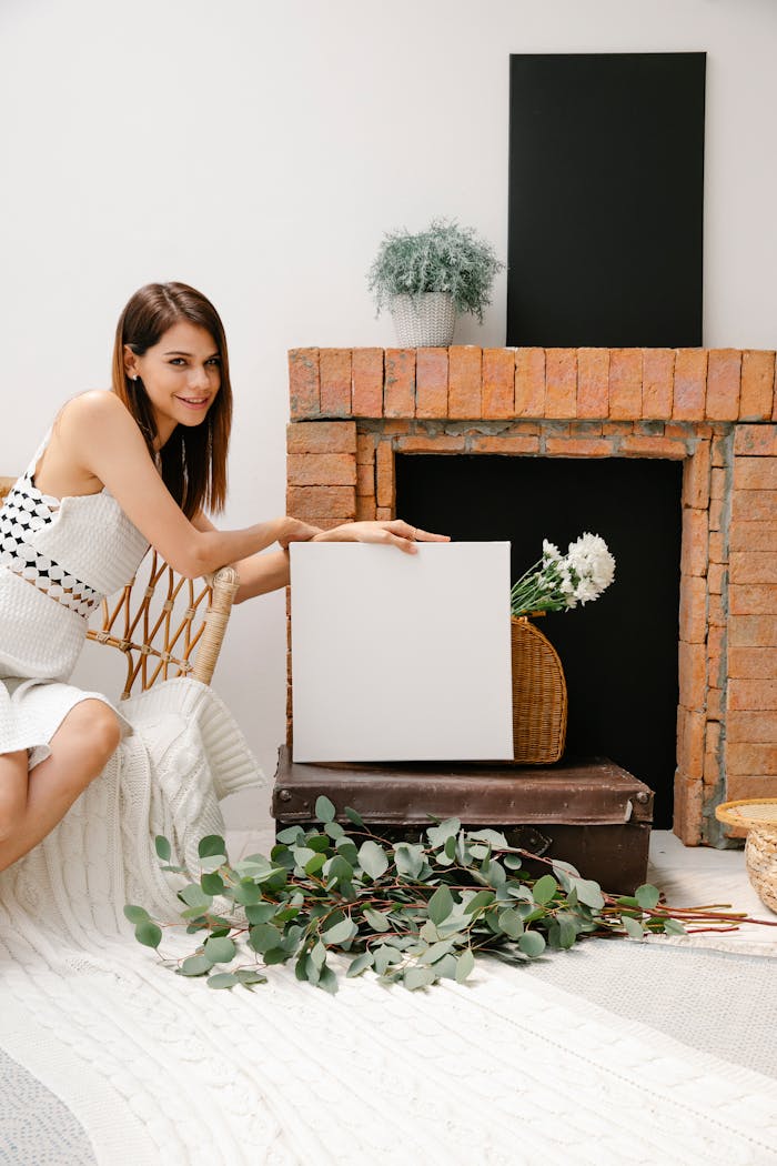 Woman in white dress holding blank canvas near a brick fireplace indoors with decorative elements.